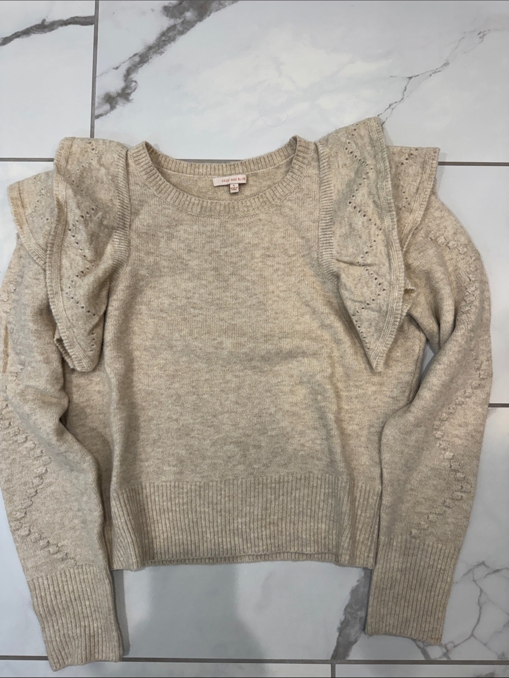 Skies Are Blue Cream Ruffle Shoulder Crewneck Sweater